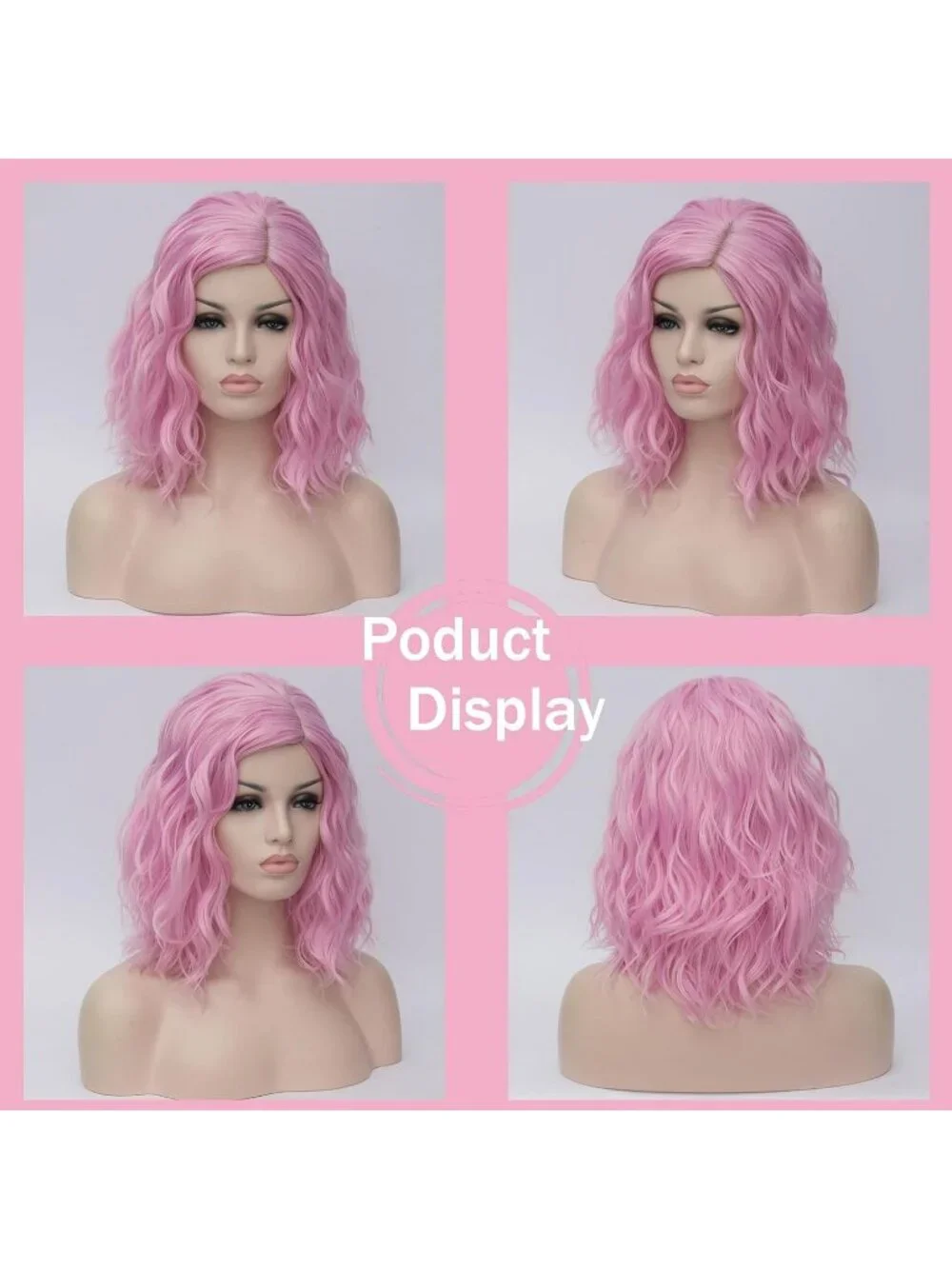 Women's 14 Inch Pink Wavy Bob Wig Short Curly Synthetic Heat Resistant